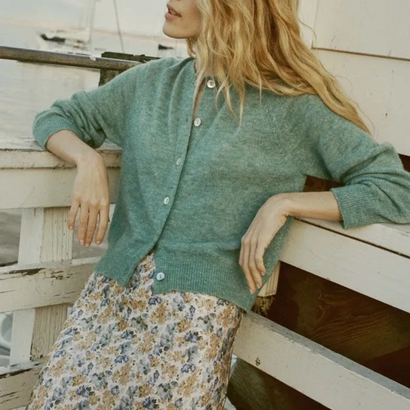 NWT Doen Petra Alpaca Merino Wool Crew Neck Button Cardigan Sweater Bleu Menthe - Picture 4 of 7